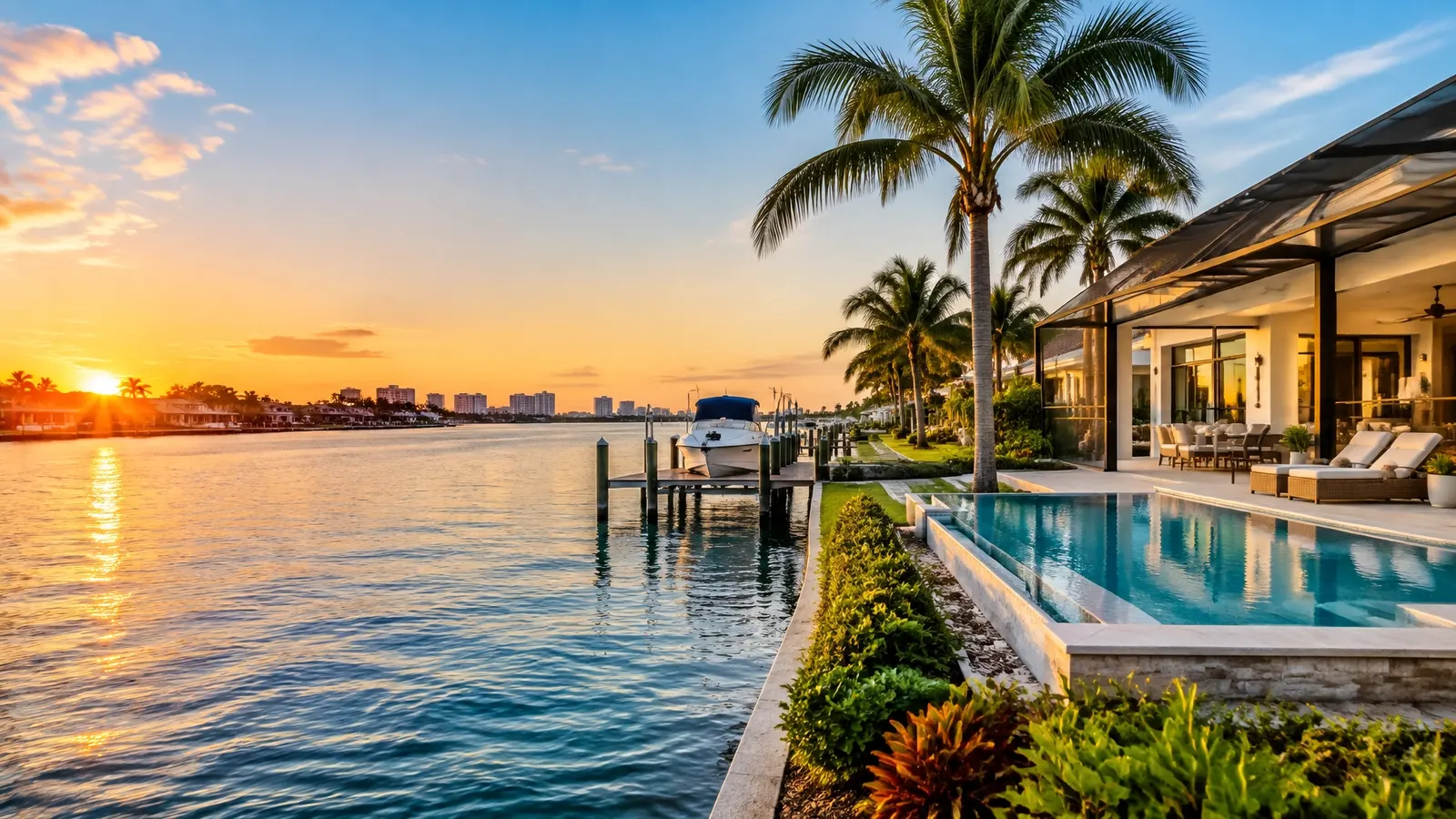 Waterfront Southwest Florida home at sunset with a private dock and pool